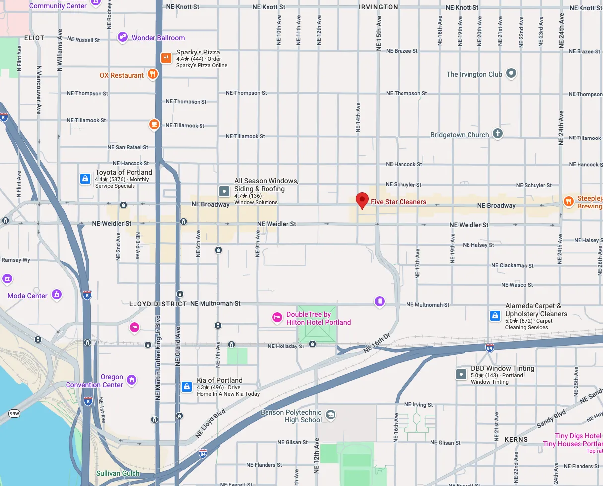 Map showing the Five Star Cleaners NE Broadway store in Portland